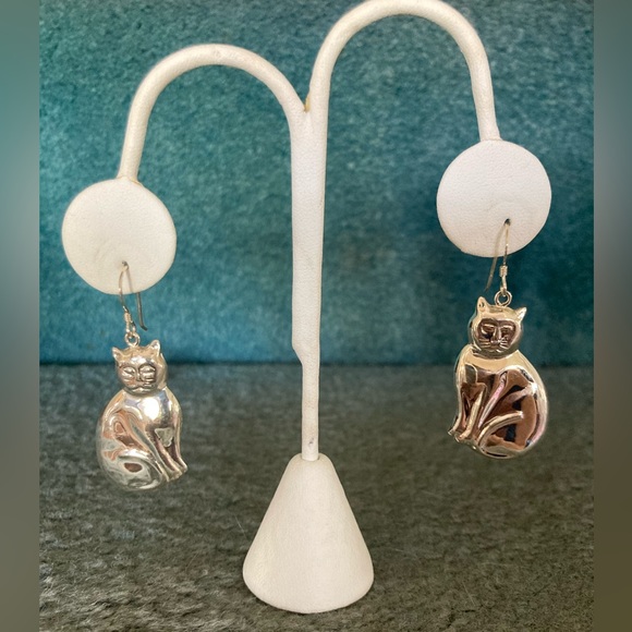 Cat Earrings Sterling Silver 2” pierced w/ear wires New from my pop up PURRFECT! - Picture 1 of 8